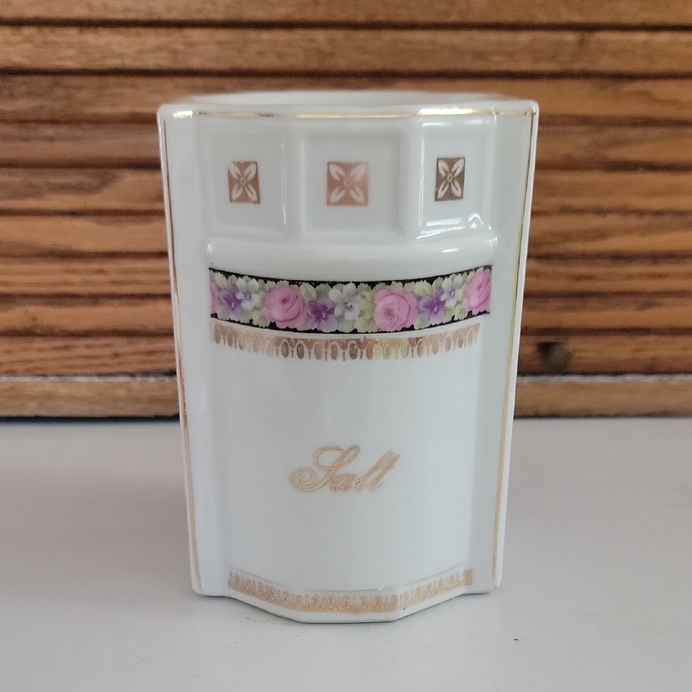Antique Vintage Floral White and Gold Salt Canister Thuringia